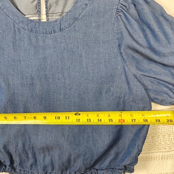 Blashe Chambray Puff Sleeve Cropped Top Blue Drawstring Hem Size XL - Picture 3 of 8